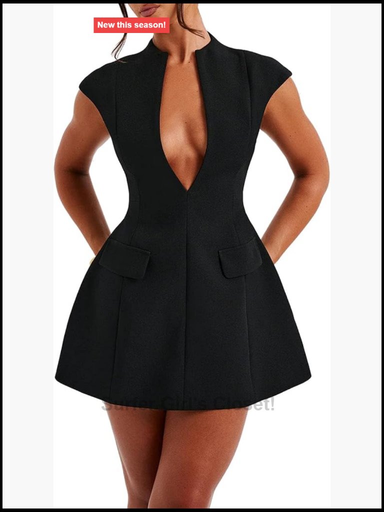 Cap Sleeve Deep V Neck Zipper A-Line Mini Dress Night Out